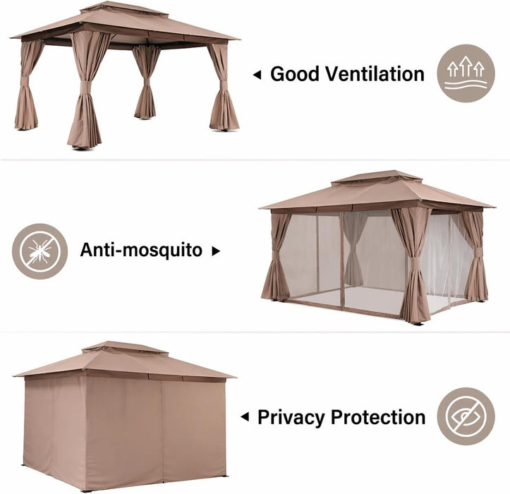 Patio Gazebo 10'X13', Outdoor Heavy Duty Party Tent Shelter with Double Roofs, Mosquito Nettings and Privacy Screens for Backyard, Garden, Lawn, Khaki