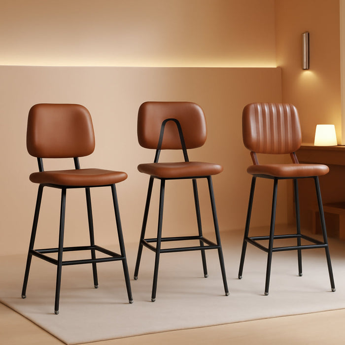 24-Inch Leather Bar Stools Set of 3 with High Backrest, Dark Brown