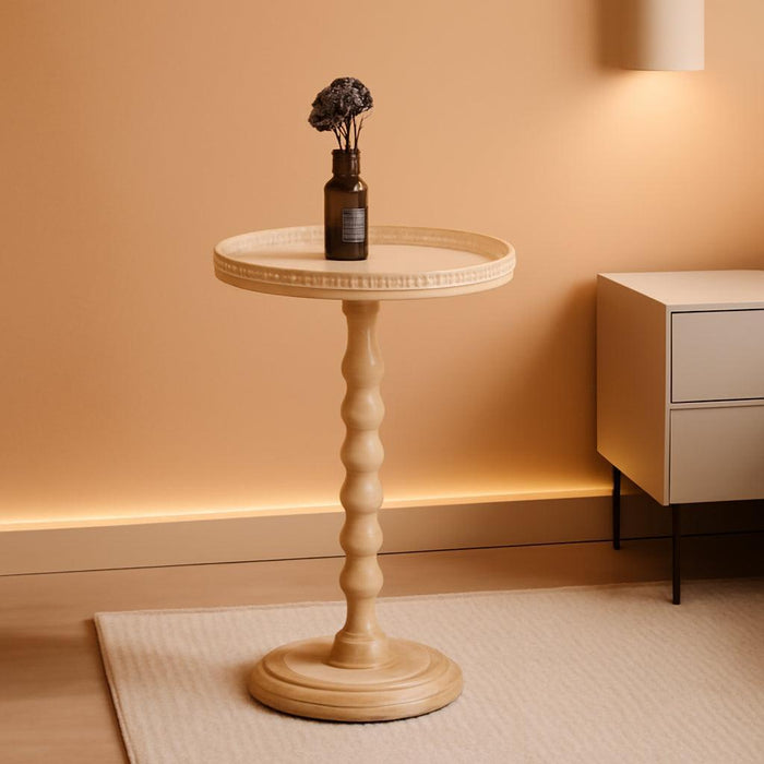 Drink Table，Rattan round Small Side Table for Small Spaces, Boho Circle End Table Coffee Table with Solid Wood Leg for Living Room, Pedestal Table for Bedroom, Corners