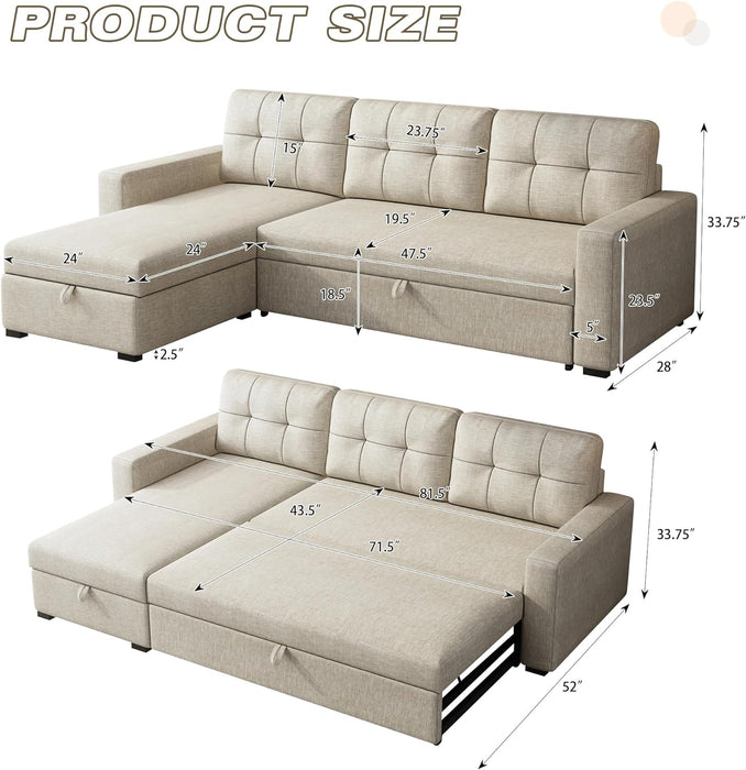 Sectional Sofa Bed Beige, L-Shaped, with Storage