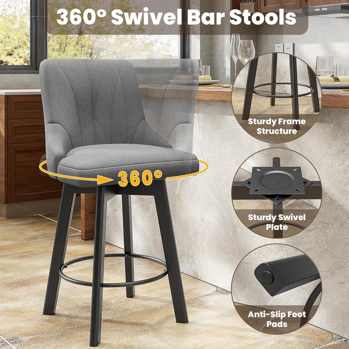 Swivel Bar Stools with Backs, 24" Counter Height Bar Stools Set of 2, Fabric Upholstered Counter Bar Stools with Solid Wood Legs for Kitchen Island, Home Bar, Dark Gray