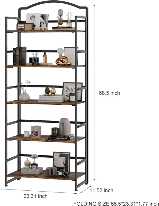 5 Tier No Assembly Folding Bookshelf, Arched Bookshelf, Foldable Bookcase for Living Room, Bedroom, Office,Skinny Bookshelf (Fire Brown)