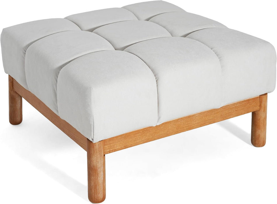 Annette Square Ottoman Footstool with Grid Tufting, Living Room Sofa Ottoman with Wood Frame, Fabric Upholstery Coffee Table, Comfy Seating with Dense Foam Padding, White