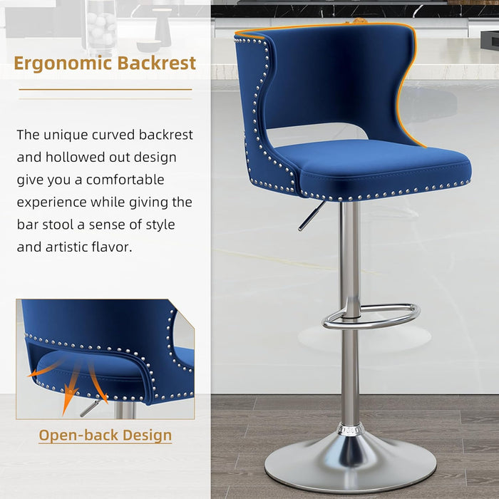 Bar Stools Set of 4, Velvet Swivel Adjustable Barstools with Hollow Back, Rivet Trim and Stable Chrome Base, Upholstered Counter Height Bar Stools for Kitchen Island, Blue