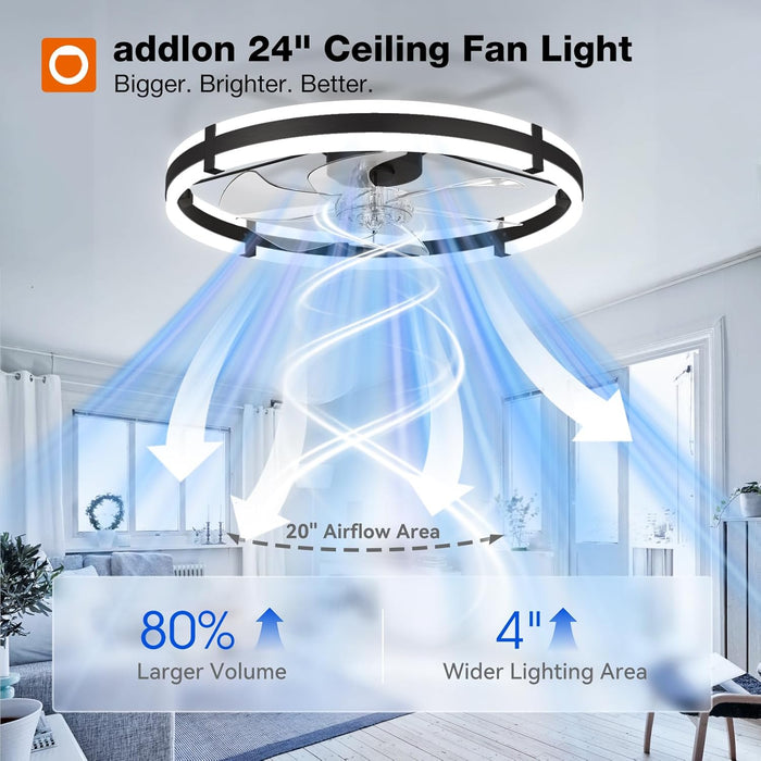24'' Ceiling Fans with Lights and Remote, Low Profile Flush Mount Ceiling Fan with Light, 3000-6000K Dimmable LED Fandelier, Modern Small Black Ceiling Fan for Bedroom, Kitchen, Living Room