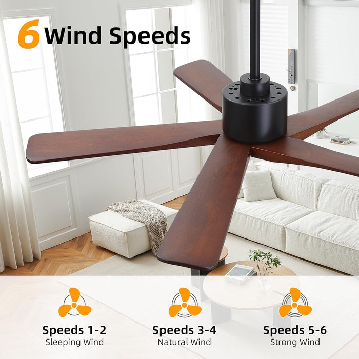 48" DC Ceiling Fan No Light - 5 Carved Solid Wood Blades, 6-Speed Reversible DC Motor, Ceiling Fan without Lights for Living Room Bedroom Kitchen Patio, Indoor and Outdoor, Black and Walnut