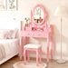 Girls Vanity Desk Set with Mirror and Cushioned Stool, 2 in 1 Pink Makeup Vanity Dressing Table with 4 Drawers for Women and Girls, Bedroom Dorm