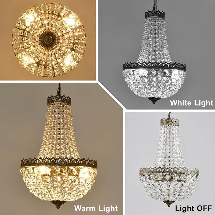 4 Lights French Empire Mini Crystal Chandelier Farmhouse Pendant Lighting, Bronze Finish Ceiling Light Fixture for Dining Room Bedroom Foyer Living Room, W12.6 X H19.7