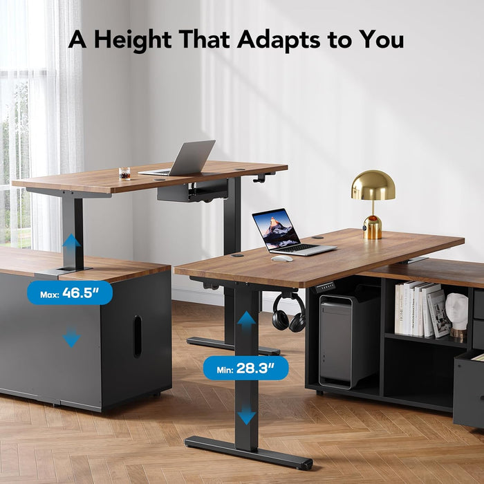 L Shaped Standing Desk, Electric Executive Desk with Drawers, Adjustable Height Stand up Desk, 55″ X 23.6″ One-Whole Piece Desktop, Home Office Computer Desk with 4 Memory Presets, Walnut
