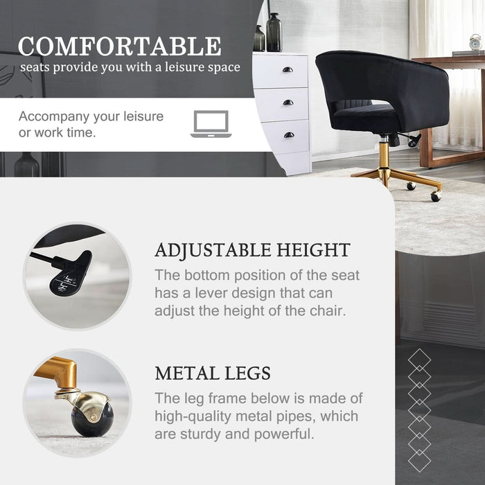 Home Office Chair Swivel Velvet Desk Chair, Vanity Chair with 360 Swivel Armchair and Gold Base,For Living Room, Bedroom, Vanity, Study (Black)
