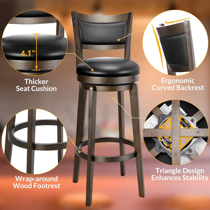Swivel Bar Stools Set of 2, 34 Inch Extra Tall Bar Height Barstools, Black Faux Leather Bar Stool with High Backrest, Solid Wood Leg, Wrap-Around Footrest, Counter Stools for Pub