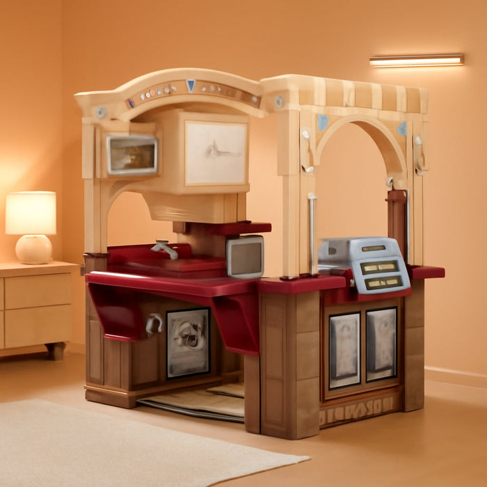 Grand Walk-In Kitchen & Grill Kids Playset, Indoor/Outdoor Kitchenette, Interactive Play with Lights and Sounds, Durable Plastic, 103 Piece Toy Accessories, Toddlers 2+ Years Old, Brown/Tan