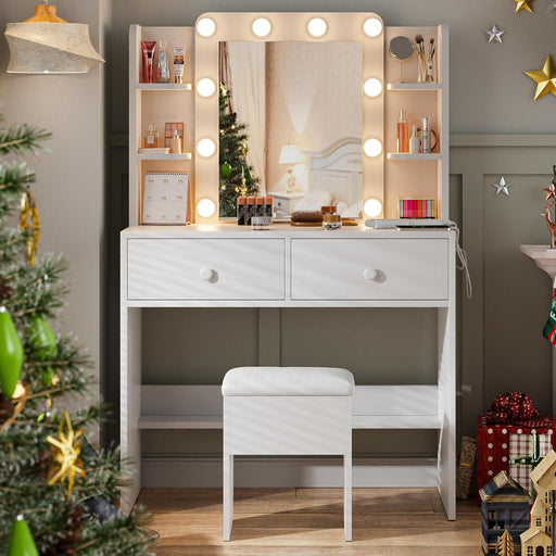 Makeup Vanity Desk with Mirror, 10 LED Lights and Charging Station, White Vanity with Adjustable Lighting, Dressing Table Set with Storage Chair Drawers Shelves for Bedroom