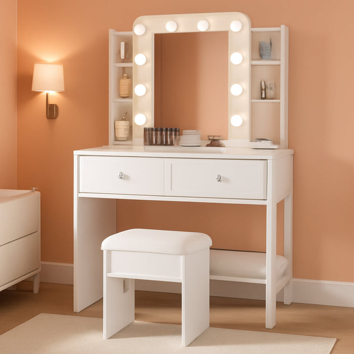 Makeup Vanity Desk with Mirror, 10 LED Lights and Charging Station, White Vanity with Adjustable Lighting, Dressing Table Set with Storage Chair Drawers Shelves for Bedroom