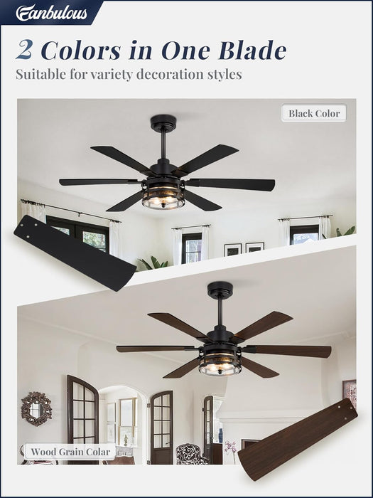 48" Farmhouse Ceiling Fans with Lights and Remote,Industrial Large Ceiling Fan with 6-Speed Reversible DC Motor and 6 Dual Finish Blades,Black Ceiling Fan with Light for Living Bedroom Patio