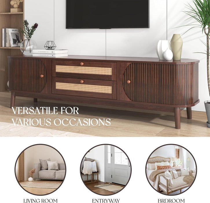 Modern Fluted TV Stand for 75" Tvs, Mid-Century Entertainment Center Tambour Door Media Console TV Cabinet with Rattan-Front Drawer for Living Room, Curved Profile Design