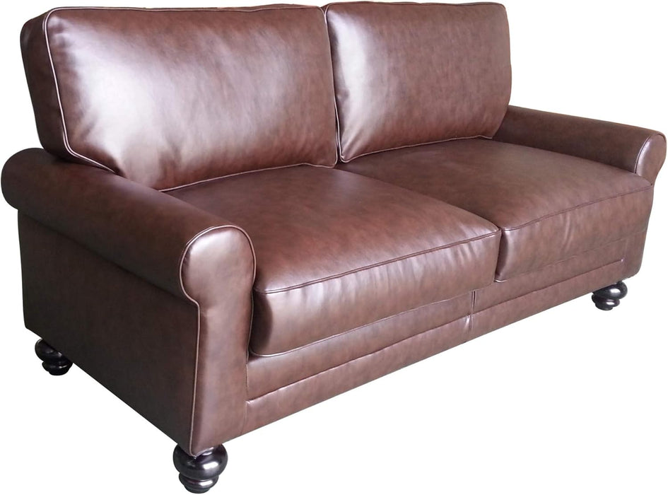 Copenhagen Rolled Arm, Durable Bonded Leather, Soft Pillow Back, Pocket Coil Seat Cushions, Loveseat or Couch for Small Spaces, Living Rooms or Bedrooms, 73" Sofa, Chestnut Brown