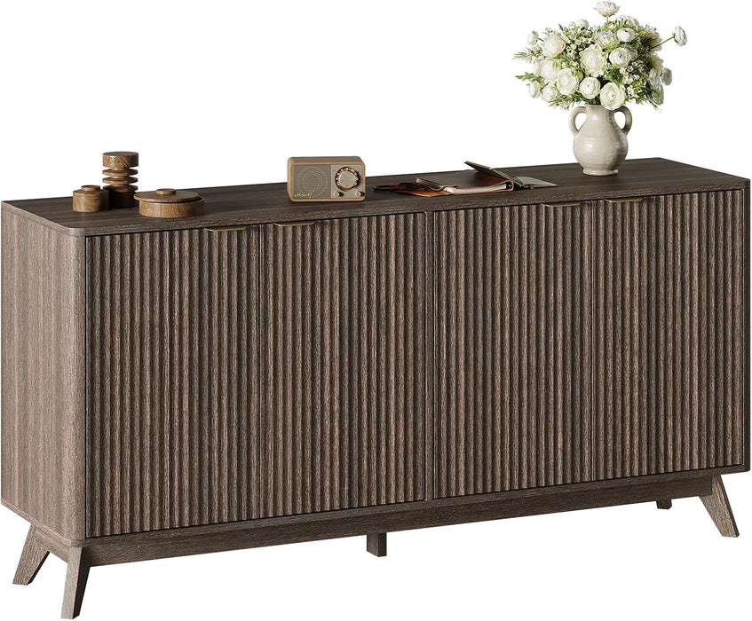 59'' Sideboard Buffet Storage Cabinet with Metal Handle, Fluted Cabinet with Rounded Corners, Modern Buffet Table Accent with 4 Doors for Coffee Bar, Console Table,Walnut