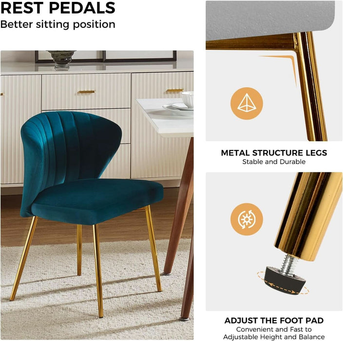 Dining Chairs Set of 2 Velvet Upholstered Kitchen & Dining Room Chairs with Metal Legs Vanity Chair Armless Side Chairs for Living Room Bedroom Restaurant, Channel Curved Backrest, Teal