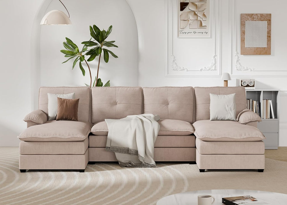 110Inch UShaped Sectional Sofa Double Chaise Beige