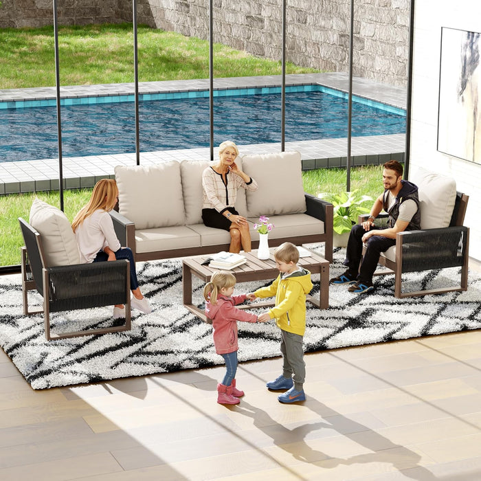 4 Piece Patio Furniture Set, Wooden Outdoor Furniture Conversation Set with Coffee Table, Modern PE Wicker Patio Chairs Conversation Sets with Sofa for Garden, Terrace, Porch, Balconies, Lawns