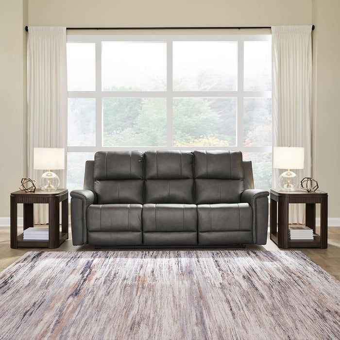Signature Design by Ashley Burnley Contemporary Leather Match Power Reclining Sofa with Adjustable Headrest and USB Charging Port, Gray