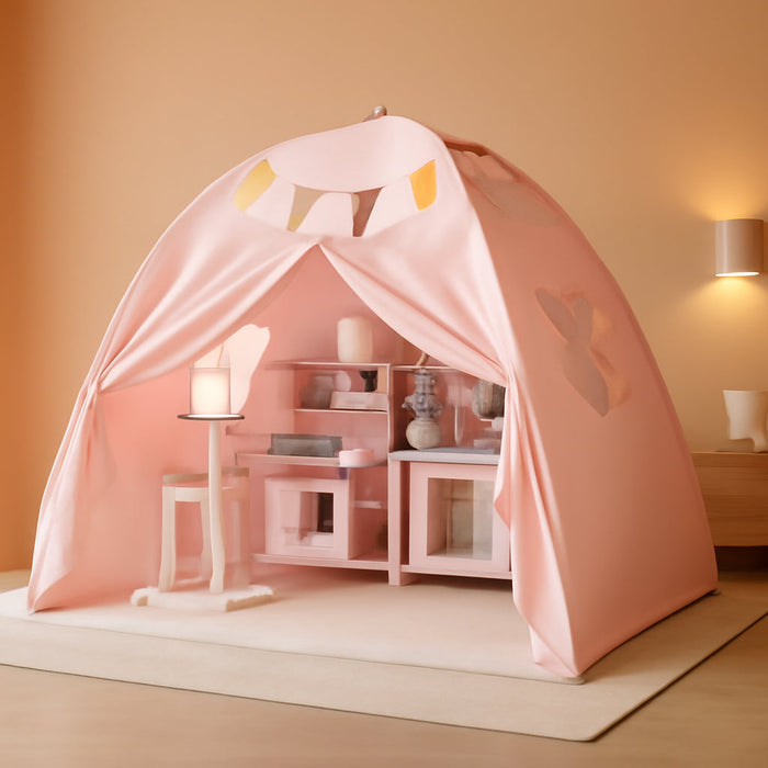 Toddler Bed Tent Canopy: Lights & Flags Indoor Floor Kids Play Tent Playhouse - Portable & Foldable Twin Bunk Bed Curtains - Twin Bed Tent for Girls Gifts (Pink)