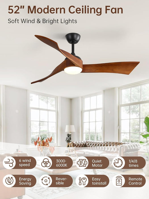 52 Inch Ceiling Fan with Light and Remote, Modern 3 Solid Wood Blades Ceiling Fan, 6 Speeds 5500CFM, Dimmable 3-Color LED with Memory, Timer & Quiet & Reversible DC Motor, ETL, Walnut Wood