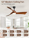 52 Inch Ceiling Fan with Light and Remote, Modern 3 Solid Wood Blades Ceiling Fan, 6 Speeds 5500CFM, Dimmable 3-Color LED with Memory, Timer & Quiet & Reversible DC Motor, ETL, Walnut Wood