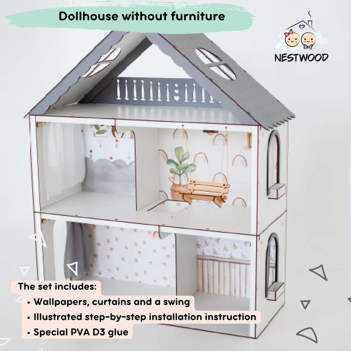 Customizable Wooden Dolls House for Kids with Furnitures, Tiny Wood Playhouse for Girls, Montessori Doll House, Christmas Gift