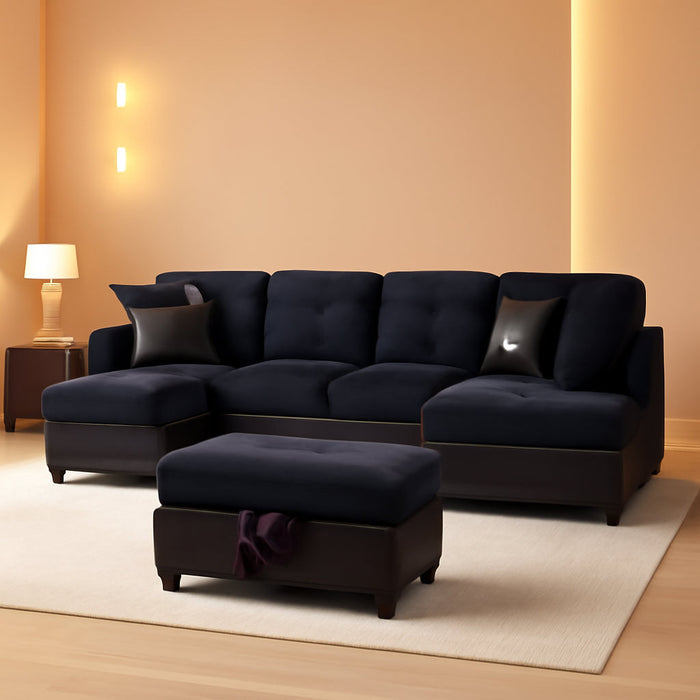 Midnight Blue Sectional Couch for Living Room Set, 105 Inch Sectional Sofa L Shaped Couch with Storage Ottoman/Microfiber Fabric/Facing Right Chaise
