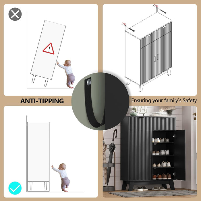 Black Freestanding Four Tier Shoe Cabinet Organizer