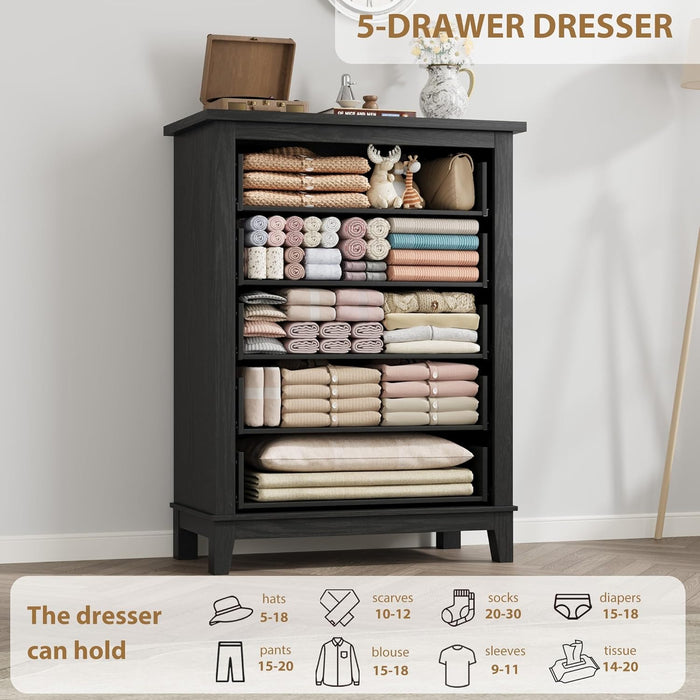 5 Dresser for Bedroom, 41.3 in Tall Vertical Drawer Dresser with Large Storage, Freestanding Wooden Closet Chest for Bedroom, Living Room, Black