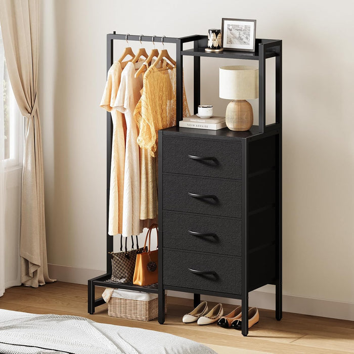 Black Dresser with Hanging Rack - Small Closet with 4 Fabric Storage Drawers, 44" H Dresser with Clothes Rack, Chest of Drawer, Kids Dressers for Bedroom, Entryway, Living Room, Sturdy Frame