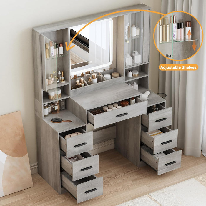 Vanity Desk with Mirror and Lights, Makeup Vanity with 7 Drawers, 2 Glass Door Cabinets, Charging Station, Adjustable Shelves, RGB Lighting, Holder
