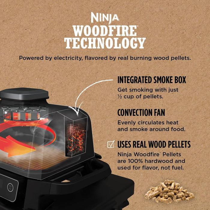OG751 Woodfire Pro Outdoor Grill Built-In Thermometer,7-In-1 Master Grill,Bbq Smoker,& Outdoor Air Fryer plus Bake,Roast,Dehydrate & Broil,Woodfire Technology,Weather-Resistant,Grey XL