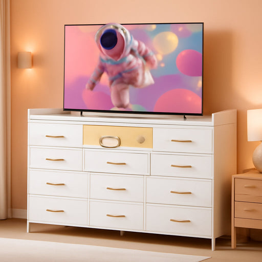 Dresser for Bedroom with 11 Drawers for 60" TV Stand for Bedroom with LED Lights & Charging Station Long Dresser with Shelves & 4 Hooks Sturdy Metal Frame & Fabric Drawers (White)