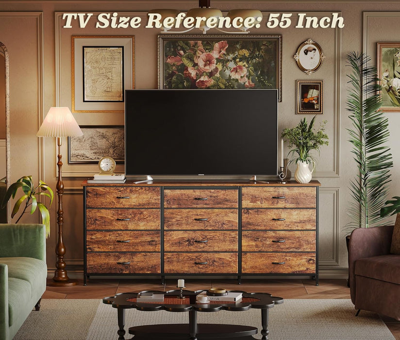 63 Inch Long Dresser for Bedroom, TV Stand for 65, 70 Inch TV, 12 Drawer Dresser for Closet, Chest of Drawers, Large Fabric Drawers for Bedroom, Media Console, Rustic Brown
