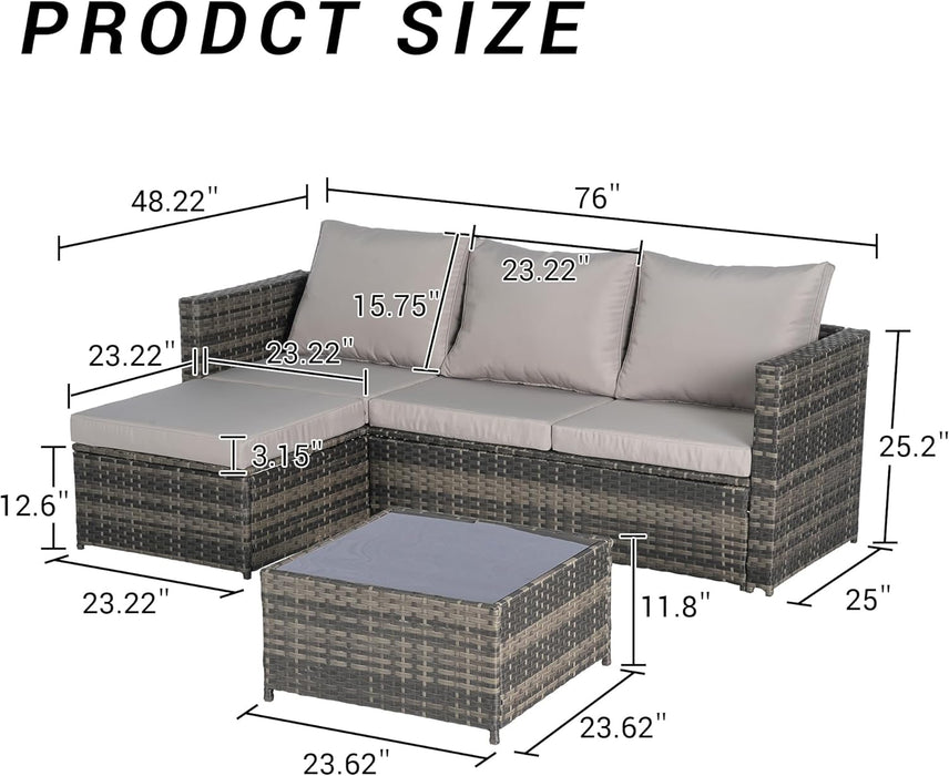 3 Pieces Patio Furniture Set All-Weather Outdoor Wicker Sectional Conversation Sofa Rattan Patio Sofa W/Cushion & Glass Table,Patio Conversation Set,Backyard Furniture for Porch (Light Gray)