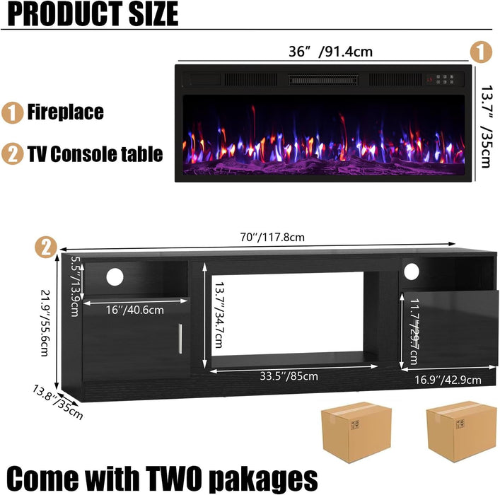 Fireplace with TV Stand 36" Inch Electric Fireplace up to 80" Tvs, LED Light Entertainment Center, 70" Modern Wood High Gloss with Highlight Storage Cabinet for Living Room (Black)