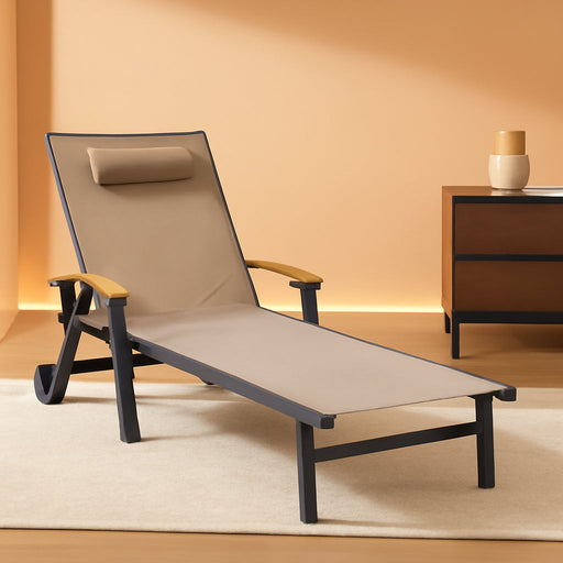 Outdoor Lounge Chair with Pillow, 5-Position Aluminum Chaise Lounge with Wheels & Armrests, 400 Lbs Heavy Duty Patio Pool Chair for Deck, Backyard, Beach & Poolside, Khaki
