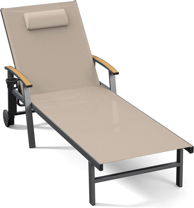 Outdoor Lounge Chair with Pillow, 5-Position Aluminum Chaise Lounge with Wheels & Armrests, 400 Lbs Heavy Duty Patio Pool Chair for Deck, Backyard, Beach & Poolside, Khaki
