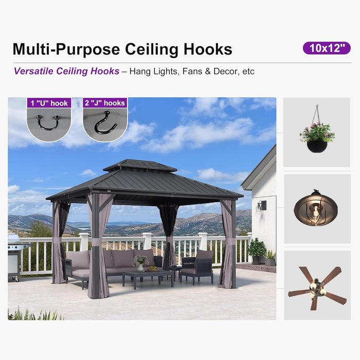 10' X 12' Gazebo Outdoor Aluminum Gazebo with Heavy Duty Galvanized Steel Double Roof for Patio Backyard Deck, Netting and Curtains Included, Grey