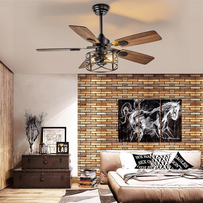 42-Inch Ceiling Fans with Lights: Caged Ceiling Fans Dual Finish 5 Blades - Rustic Ceiling Fan with Remote Control for Farmhouse Living Room Outdoor Porch (E26 Bulb Included)