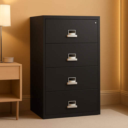 Fireproof Lateral File Cabinet (4 Drawers, Impact Resistant, Water Resistant), 38" W X 22" D, Black, Made in USA