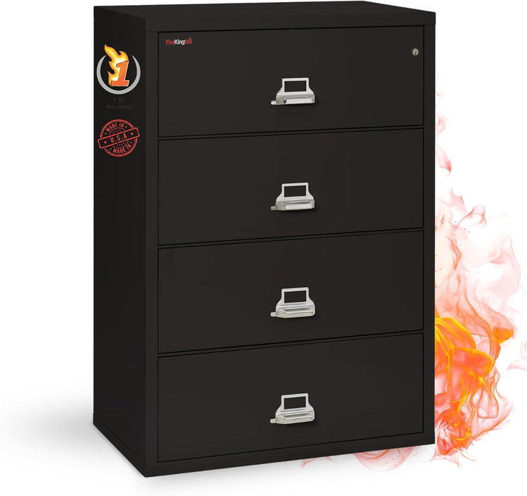 Fireproof Lateral File Cabinet (4 Drawers, Impact Resistant, Water Resistant), 38" W X 22" D, Black, Made in USA