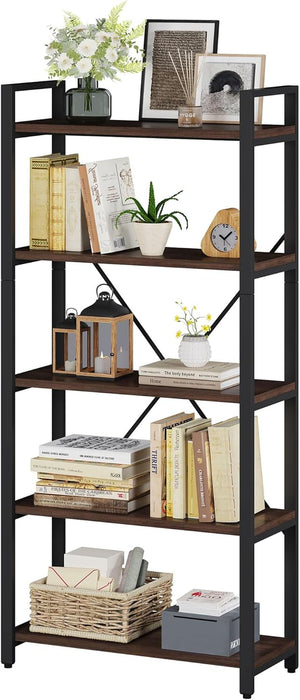 5 Tier Industrial Bookshelf Dark Walnut WoodFinish