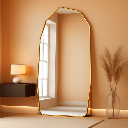 Full Length Mirror, 71"X32" Floor Mirror, Free Standing Wall Mounted or Leaning Full Body Mirror with Aluminum Alloy Frame, Diamond Irregular for Bedroom Entryway Cloakroom, Gold