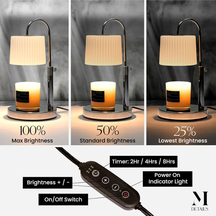 Dimmable Glass Candle Warmer Lamp with Timer - Adjustable Height Candle Lamp Warmer with Timer (8H/4H/2H) - Wax Melter - Ideal Gift, Fits Various Size Scented Candles - 02 Bulb - (Silver Chrome)