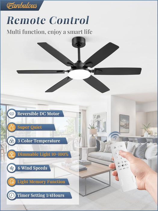 52 Inch Ceiling Fans with Lights, Indoor/Outdoor Modern Ceiling Fan with Reversible Blade and 2 Rods, Quiet DC Motor, 3CCT & 6-Speed Remote Control, Dual Finish Blade for Living Room/Bedroom